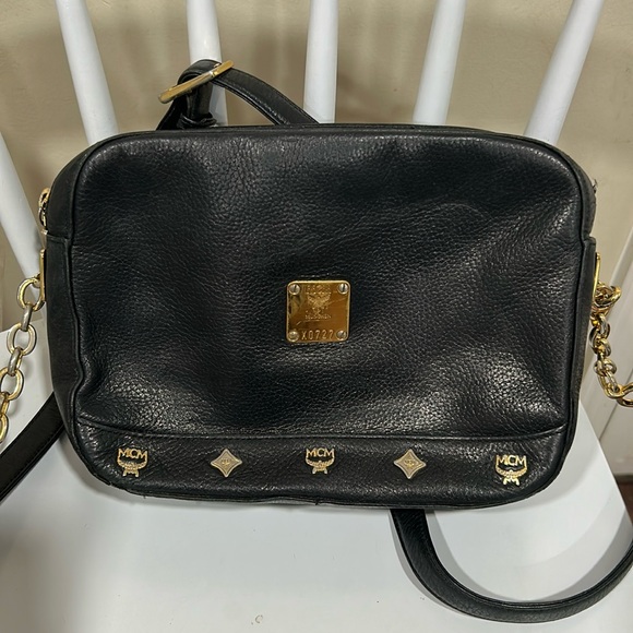 MCM Handbags - MCM Black Leather Crossbody Bag with Gold Accents